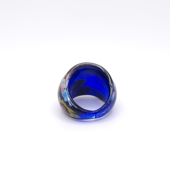 Murano Style Hand Blown Glass Ring Women's Blue Art Floral Design Boho Size 6 - Picture 10 of 14